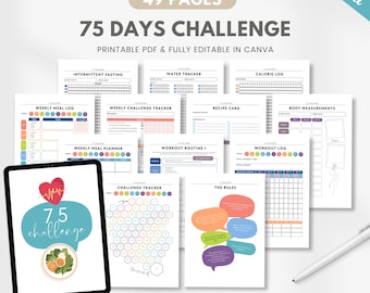 May include: A digital 75 Days Challenge bundle with printable PDF pages. Includes trackers for intermittent fasting, water intake, calories, meals, and body measurements. The bundle also features a tablet displaying the "7.5 challenge" graphic.