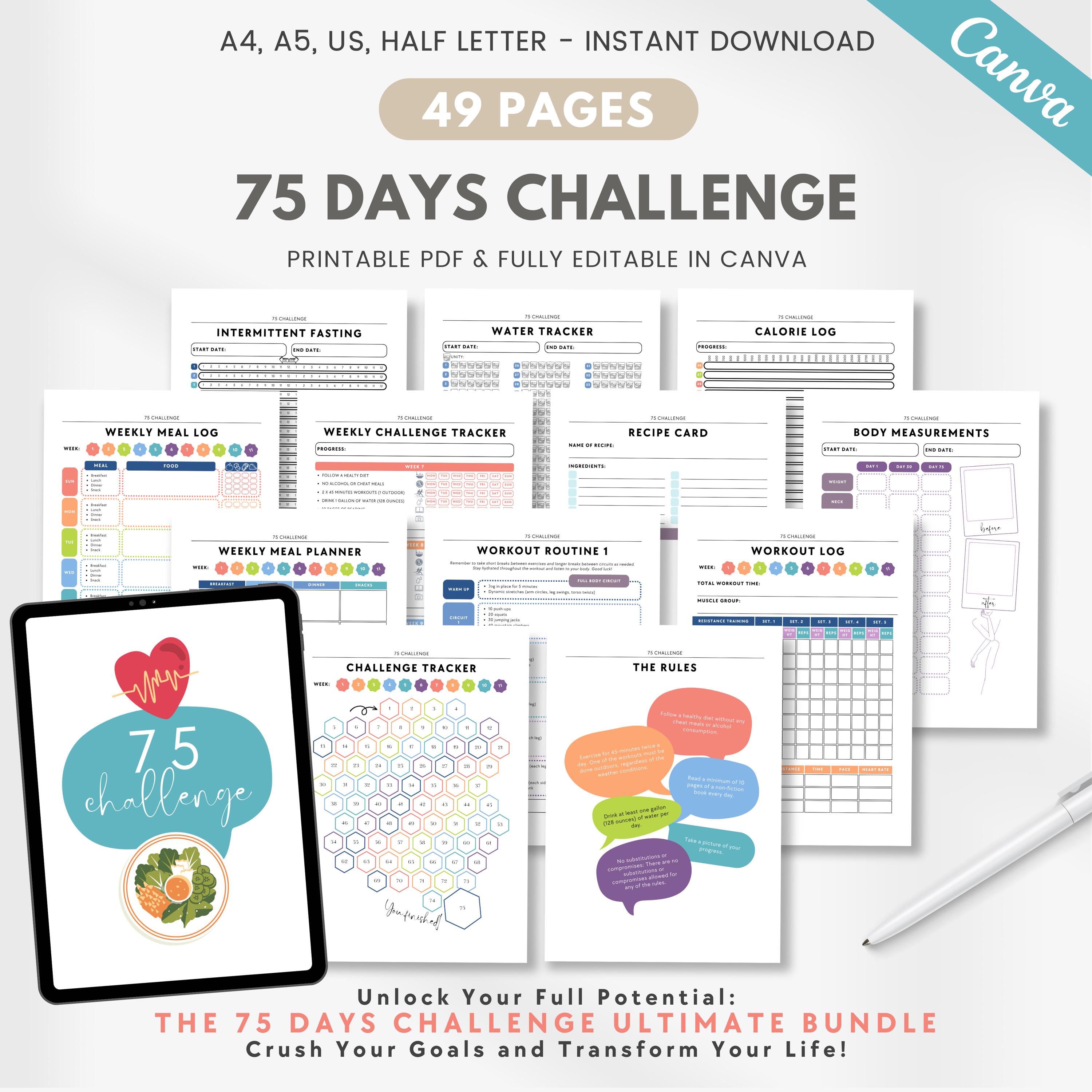 75 days challenge planner - 75 challenge tracker, meal planner, workout log, reading log, sleep tracker, water tracker, intermittent fasting