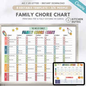 Cuadro de tareas familiares editable, planificador semanal de tareas y actividades diarias, responsabilidad de 3 a 6 personas, horario del hogar, rutina de limpieza