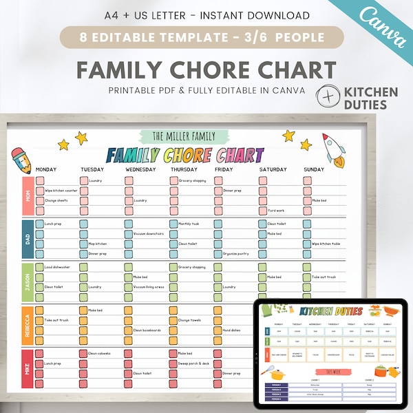 Editable family chore chart, weekly daily tasks and activities planner, 3-6 people responsability, household schedule, cleaning routine