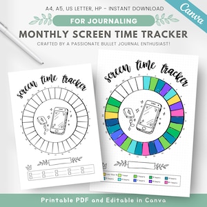 Peut inclure: Un suivi mensuel du temps d'écran imprimable avec un graphique circulaire coloré et un graphique circulaire noir et blanc. Les graphiques sont conçus pour suivre l'utilisation du temps d'écran. Le texte "screen time tracker" est écrit dans une police décorative autour des graphiques. Le texte "Printable PDF and Editable in Canva" est en bas de l'image.