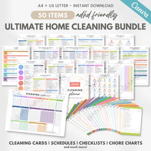 Editable ADHD cleaning planner bundle - cleaning checklist, cleaning schedule, Fly Lady, cleaning card, chore chart, declutter (Canva & PDF)