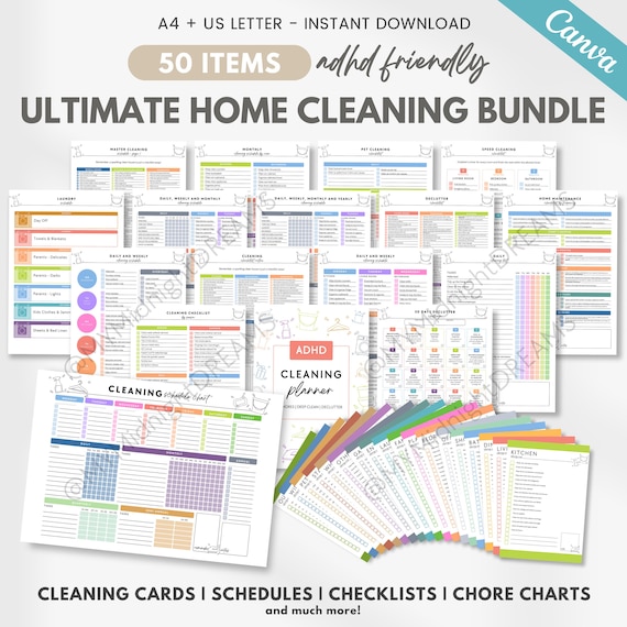 Editable ADHD cleaning planner bundle - cleaning checklist, cleaning schedule, Fly Lady, cleaning card, chore chart, declutter (Canva & PDF)