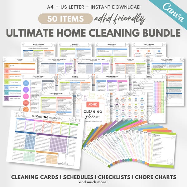 Editable ADHD cleaning planner bundle - cleaning checklist, cleaning schedule, Fly Lady, cleaning card, chore chart, declutter (Canva & PDF)