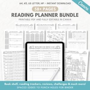 Printable reading Journal, Editable reading planner bundle, reading log, book tracker, 25 50 100 books challenge, Canva template