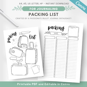 May include: Black and white printable packing list with a suitcase and other travel items on one side and a checklist on the other side. The checklist has three columns labeled "packing list", "remember", and a blank column. The text "Printable PDF and Editable in Canva" is at the bottom of the page.