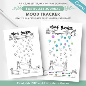 May include: Printable mood tracker for bullet journaling. The design features two penguins throwing snowballs, with a space to color in each snowball to represent your mood for the day. The mood tracker includes a key with different colors representing happy, excited, grateful, energetic, zen, stressed, bored, nervous, sad, and angry.