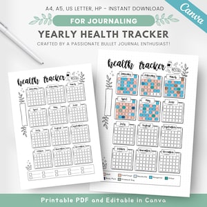 Pode incluir: Rastreador de saúde anual imprimível com um design preto e branco. O rastreador inclui um calendário para cada mês do ano com uma seção para notas. O rastreador também inclui uma seção para rastrear sintomas como dor no corpo, resfriado/tosse, dor de cabeça, ressaca e outros.