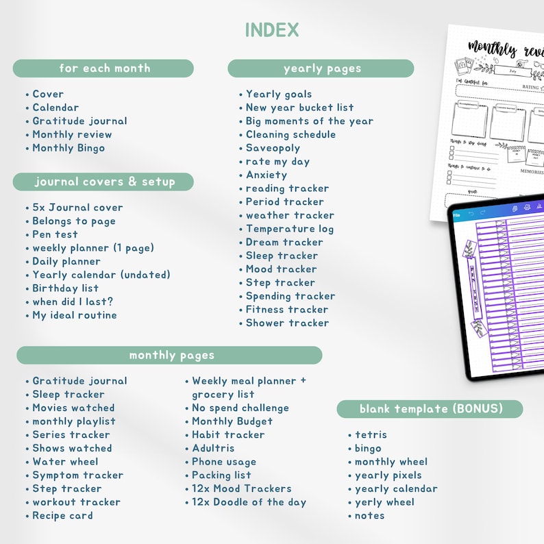 May include: An index page for a planner, featuring lists of sections like monthly reviews, yearly goals, and trackers for sleep, mood, and fitness. The text is in a sans-serif font, with a light green background.