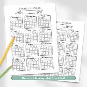 Printable Undated Blank Yearly Calendar, Year at a Glance Planner ...