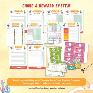 May include: A colorful chore and reward system with checklists, reward pricelists, and coupons. The system includes "Summer Bucks" and encourages kids to help around the house. The design features a summer theme with playful illustrations.