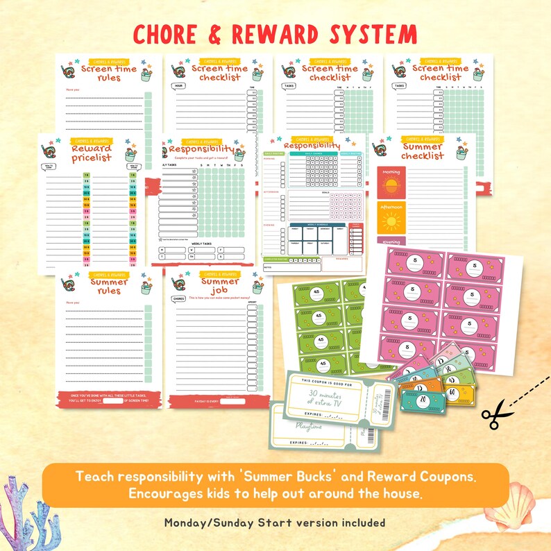 May include: A colorful chore and reward system with checklists, reward pricelists, and coupons. The system includes "Summer Bucks" and encourages kids to help around the house. The design features a summer theme with playful illustrations.