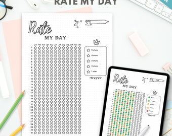 Rate my day tracker, printable yearly tracker, pre made journal page, my year in pixel, daily mood tracker, daily rating log, Canva template
