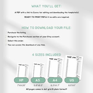 May include: A digital credit score tracker template set featuring four sizes: HP 7x9.25 inches, A5 5.8x8.3 inches, A4 8.3x11.7 inches, and US 8.5x11 inches. Includes instructions for Canva editing and ready-to-print PDF files in dot grid and plain formats.