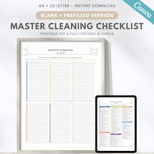 Lista de verificação mestre de limpeza editável, planejador de limpeza profunda doméstica, lista de verificação de limpeza doméstica imprimível, gráfico de tarefas domésticas, modelo Canva