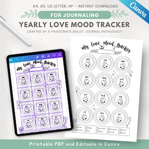 May include: A digital tablet displaying a yearly love mood tracker template alongside a printed version of the same document. The design features twelve circular monthly calendars, each decorated with a small bird illustration and text labels.