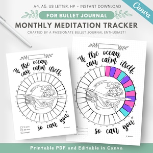 Afdrukbare maandelijkse meditatietracker, kant-en-klare meditatielogboek bullet-journaalpagina, dagboek geestelijke gezondheid, bewerkbare bujo-sjabloon