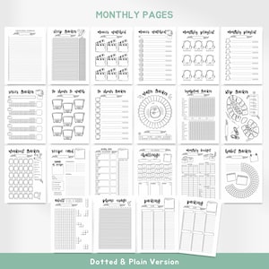 May include: A collection of black and white printable planner pages with various trackers, including sleep, movies, water, and habits. The pages are labeled with titles like "Monthly Pages" and "Dotted & Plain Version."