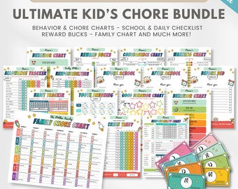 Editable kids chore chart bundle, kids checklist, children daily weekly planner, reward chart, behavior management, Canva template