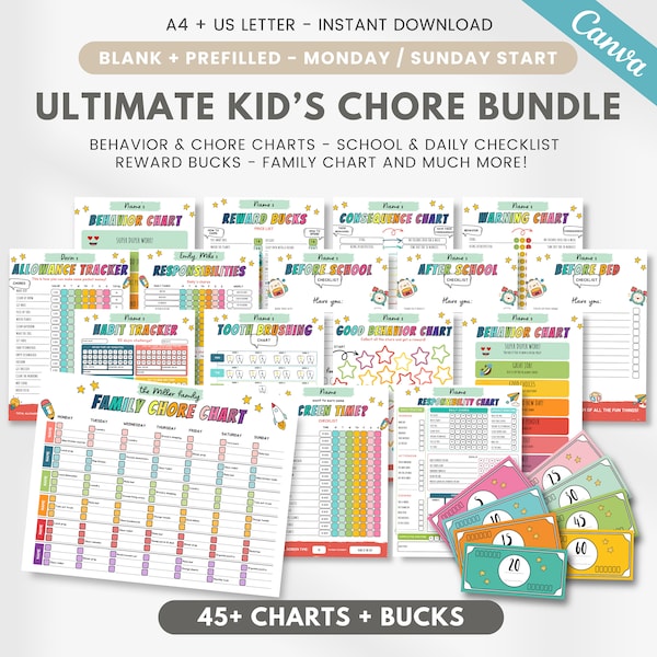 Editable kids chore chart bundle, kids checklist, children daily weekly planner, reward chart, behavior management, Canva template