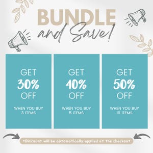 K&ouml;nnte beinhalten: Eine Grafik mit blauem Hintergrund und wei&szlig;em Text, die ein B&uuml;ndelrabattangebot zeigt. Der Text lautet "Bundle and Save!" mit drei Optionen: "Get 30% off when you buy 3 items", "Get 40% off when you buy 5 items" und "Get 50% off when you buy 10 items". Der Text "*Discount will be automatically applied at the checkout" befindet sich am unteren Rand der Grafik.