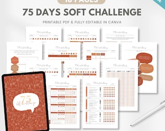 Editable 75 soft challenge planner, 75 days challenge bundle + 75 challenge tracker, meal planner, workout log, reading log, sleep tracker