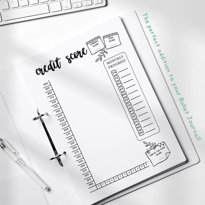 May include: A white paper credit score tracker insert for a binder featuring a vertical scale from 300 to 850, a monthly progress section with abbreviations for months, and boxes labeled current score, goal score, and end of the year score.