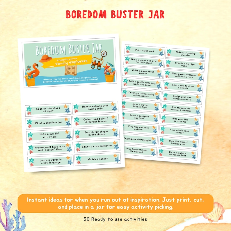 May include: A colorful "Boredom Buster Jar" activity set with 50 ready-to-use ideas. The set includes printed cards with various fun activities like drawing, crafting, and outdoor games. The text on the cards is easy to read and the overall design is kid-friendly.
