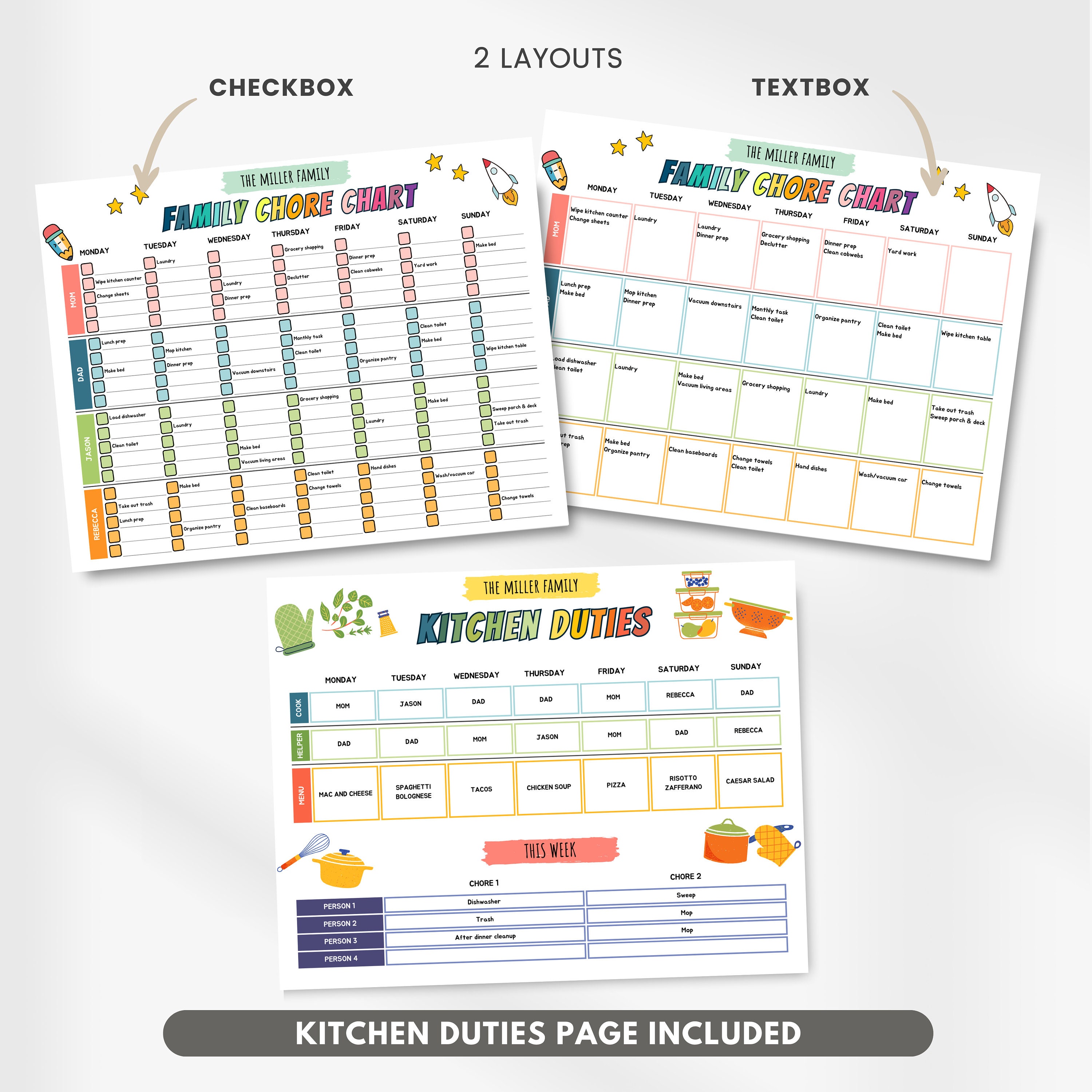 Weekly Household Task Editable Family Chore Chart, Weekly Daily Tasks and Activities Planner ...