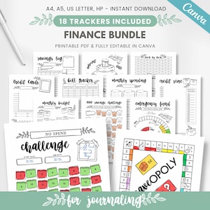 May include: A printable finance bundle with 18 trackers for journaling. The bundle includes trackers for savings, bills, credit cards, monthly spending, credit score, monthly budget, a 1000 savings challenge, an emergency fund, and a no spend challenge. The trackers are black and white with a hand-drawn style.