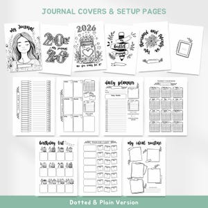 May include: A collection of black and white journal pages and covers. The covers feature illustrations and text, including "My Journal," "2026," and "bullet journal." The setup pages include a daily planner, yearly calendar, and other organizational layouts. The text "Journal Covers & Setup Pages" is at the top.