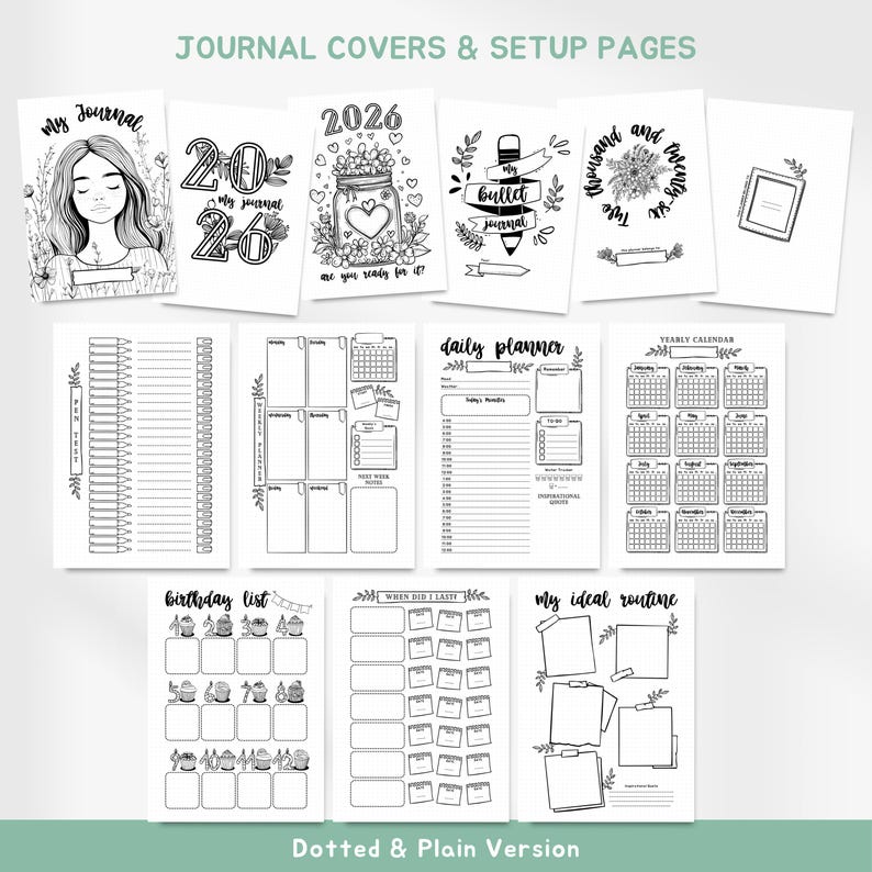 May include: A collection of black and white journal pages and covers. The covers feature illustrations and text, including "My Journal," "2026," and "bullet journal." The setup pages include a daily planner, yearly calendar, and other organizational layouts. The text "Journal Covers & Setup Pages" is at the top.