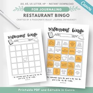 Restaurant Bingo Karte, Food Bingo Spiel, Mahlzeit Journal, Familien Aktivitäten, Printable Journal Seite, Restaurant zum Ausprobieren, bearbeitbare Vorlage