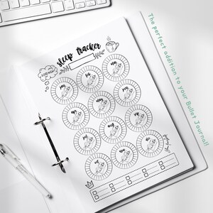 May include: A black and white printable sleep tracker with a cute illustration of a person sleeping in each month's circle. The tracker includes a space for notes and a title that says "sleep tracker".