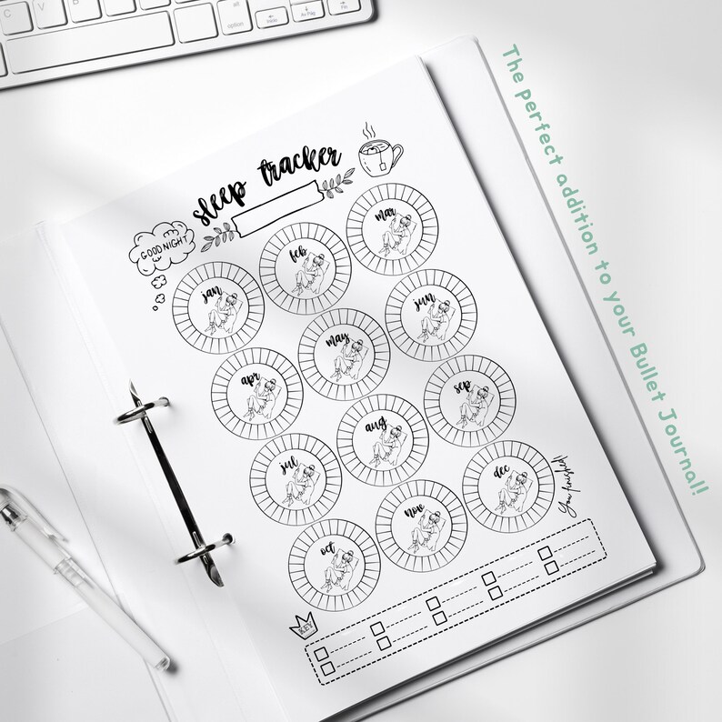 May include: A black and white printable sleep tracker with a cute illustration of a person sleeping in each month's circle. The tracker includes a space for notes and a title that says "sleep tracker".