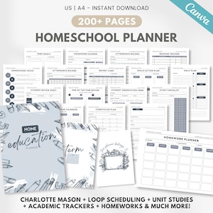 May include: A homeschool planner with over 200 pages, featuring various forms like term goals, homework planners, attendance records, and daily plans. The cover is light blue with the words "Home Education Planner" and pencil illustrations. Includes Charlotte Mason and loop scheduling.
