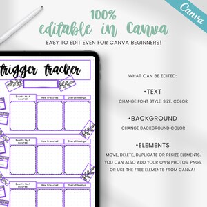 Trigger tracker, trigger processing, anxiety worksheet, self reflection journal page, therapy worksheet, PTSD tracker, editable template image 4