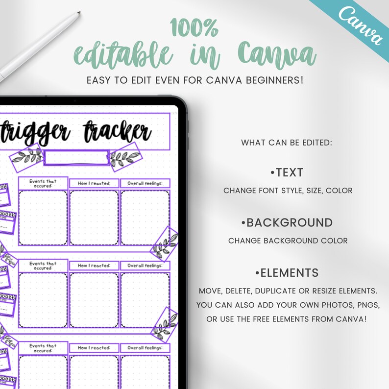 Trigger tracker, trigger processing, anxiety worksheet, self reflection journal page, therapy worksheet, PTSD tracker, editable template image 4
