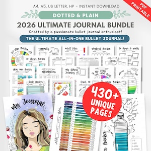 May include: A digital journal bundle with over 430 unique pages, including trackers for steps, reading, skincare, affirmations, and fitness. The bundle includes a journal cover with a woman's illustration and a color test chart. The text reads "2026 Ultimate Journal Bundle".