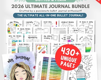 Könnte beinhalten: Ein digitales Journal-Bundle mit über 430 einzigartigen Seiten, darunter Tracker für Schritte, Lesen, Hautpflege, Affirmationen und Fitness. Das Bundle enthält ein Journal-Cover mit einer Frauenillustration und eine Farbtabelle. Der Text lautet "2026 Ultimate Journal Bundle".