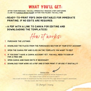 May include: A digital product information sheet with the title "WHAT YOU'LL GET" in red. The sheet details the contents of the purchase, including ready-to-print PDFs and a Canva link. Instructions on how to use the product are also provided, along with a note about it being a digital item.