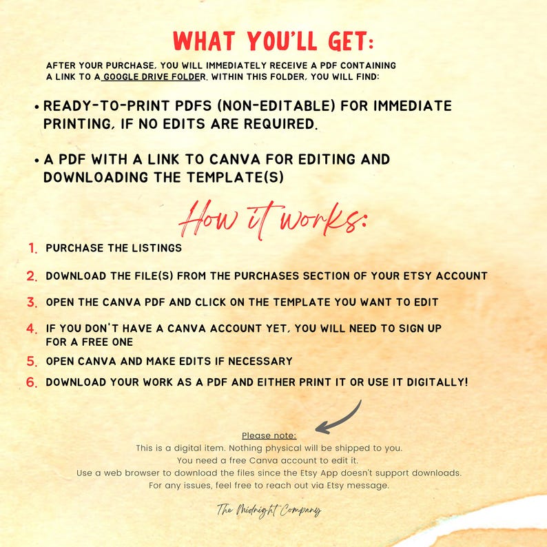 May include: A digital product information sheet with the title "WHAT YOU'LL GET" in red. The sheet details the contents of the purchase, including ready-to-print PDFs and a Canva link. Instructions on how to use the product are also provided, along with a note about it being a digital item.