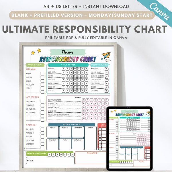 Editable ADHD chore chart for kids, printable responsibility chart, daily checklist, weekly schedule, child routine, Canva template