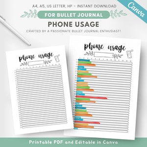 Afdrukbare maandelijkse schermtijdtracker, kant-en-klare trackerpagina voor telefoongebruik voor bullet journaling, digitale detox-uitdaging, bewerkbare sjabloon