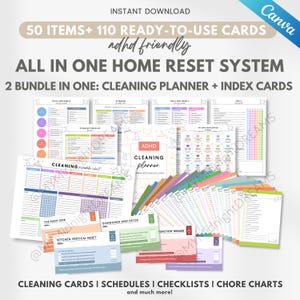 May include: A digital home organization bundle featuring a cleaning planner and 110 index cards. The set includes various checklists, daily and weekly schedules, and chore charts with colorful headers and text labeled ADHD friendly and All In One Home Reset System.