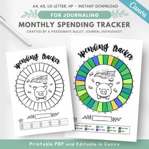 May include: Printable monthly spending tracker with a circle divided into sections for tracking spending amounts. The tracker features a cute piggy bank illustration and a color-coded key for different spending ranges. The text "spending tracker" is written in a decorative font.