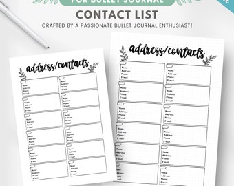 May include: Two printable contact list pages for a bullet journal featuring the text address/contacts. Each page contains multiple rectangular fields for name, address, phone, and e-mail, decorated with small leaf illustrations at the top corners.