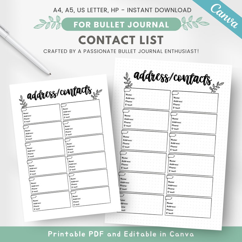 Printable Contact List, Premade Address Book Planner Insert, Friends ...