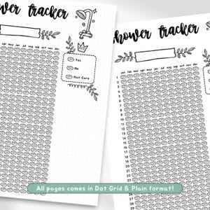 May include: A printable shower tracker with a shower head illustration and a key with the words "Yes", "No", and "Hair Care". The tracker has a grid of circles for each day of the month, with a column for each month of the year. The text "All pages comes in Dot Grid & Plain format!" is at the bottom of the page.