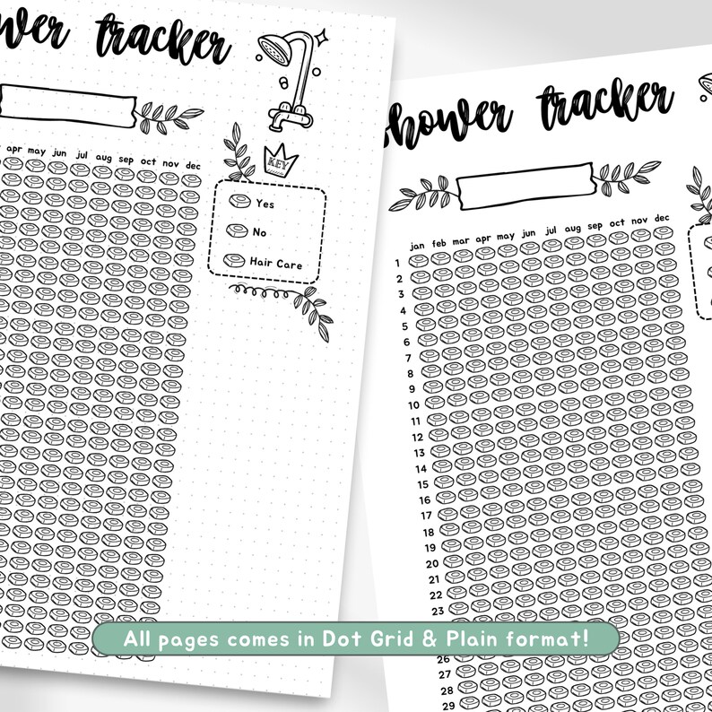 May include: A printable shower tracker with a shower head illustration and a key with the words "Yes", "No", and "Hair Care". The tracker has a grid of circles for each day of the month, with a column for each month of the year. The text "All pages comes in Dot Grid & Plain format!" is at the bottom of the page.